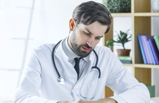 serious-young-doctor-writing-prescription-min